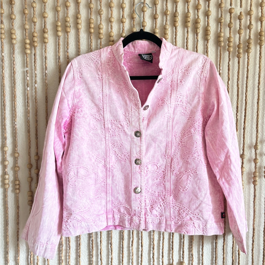 Vintage Light Pink Fairy Boho Embroidered Floral Whimsy Western Oversized Jacket